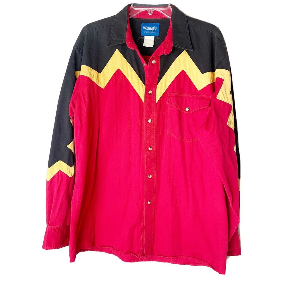 VTG Wrangler Mens Snap Large Western Cotton Long Sleeve Shirt-Red/Blk/Yellow GUC